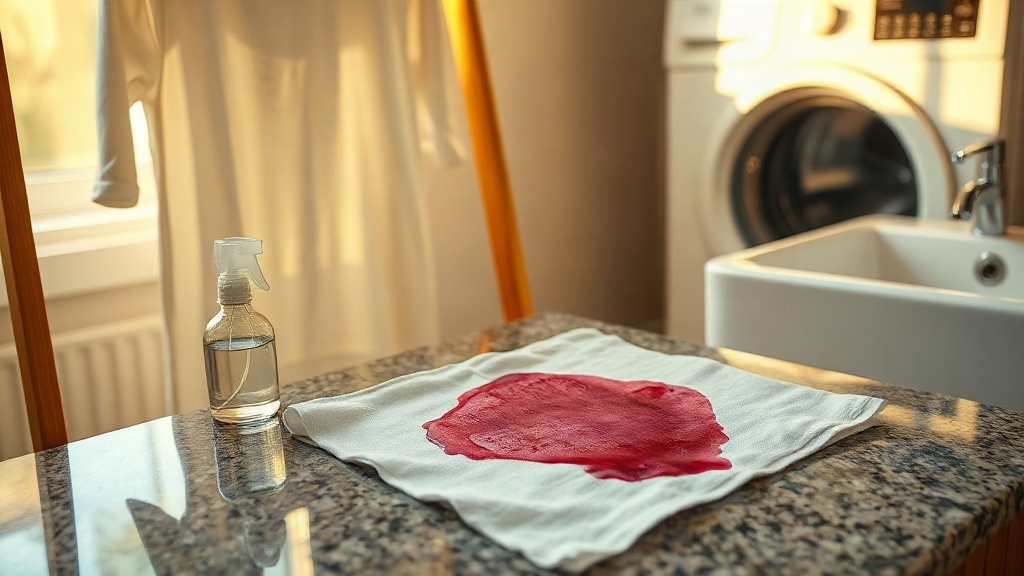 A red stain spread across a white cloth on a kitchen worktop, with a washing machine behind it